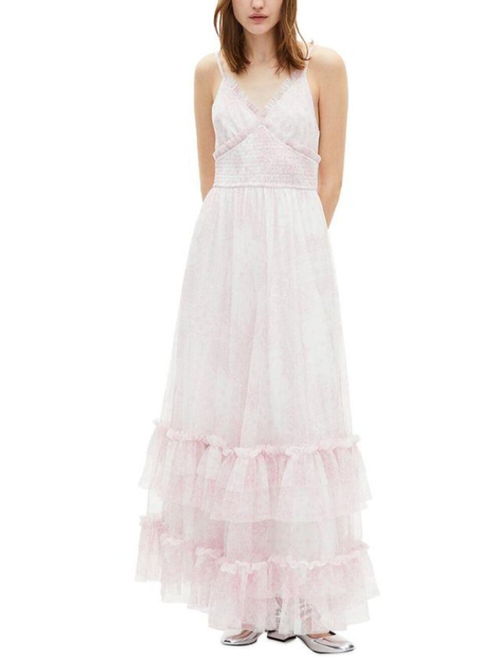 The Kooples Tiered Ruffle Trim Dress White/Pink FROB30021K NWT